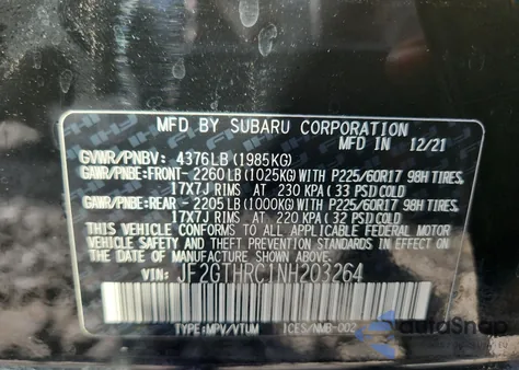 2022 Subaru Crosstrek Sport z USA, uszkodzony, nr VIN JF2GTHRC1NH203264